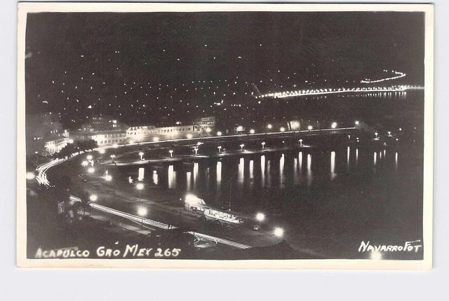 RPPC Real Photo Postcard Foreign Mexico Acapulco Aerial Night View Of City Illum