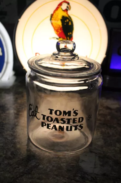 Rare Eat Tom's Roasted Peanuts 5 Cents Glass Jar Lid Sign General Store Sampler