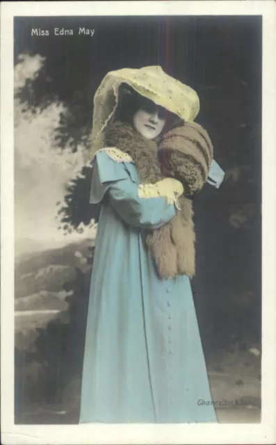Beautiful Actress Miss Edna May Fur c1910 Tinted Real Photo Postcard