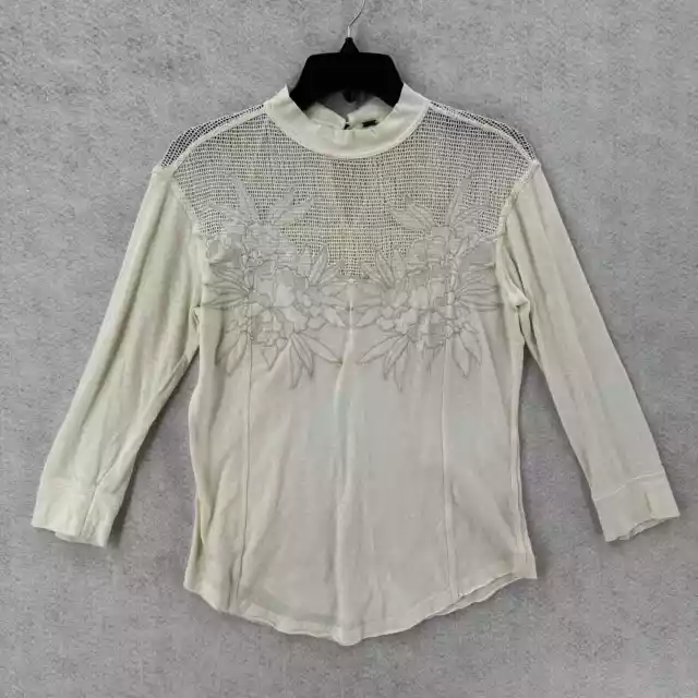 Free People Primrose Top Womens SMALL Cream Ivory Mesh Floral Applique 2