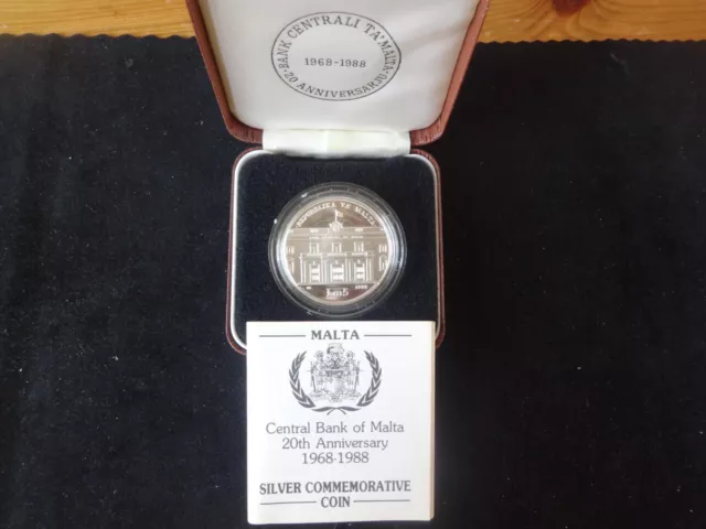 1988 SILVER PROOF MALTA 5 LM COIN BOX + COA CENTRAL BANK OF MALTA 20th ANNIV