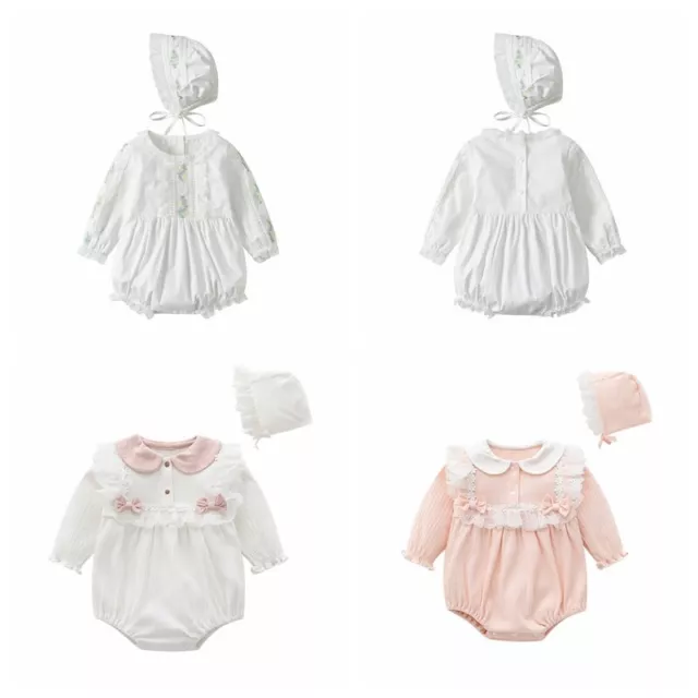 Infant Baby Girls Clothes Set Long Sleeve Romper Ruffle Hat Set Bowknot Decor