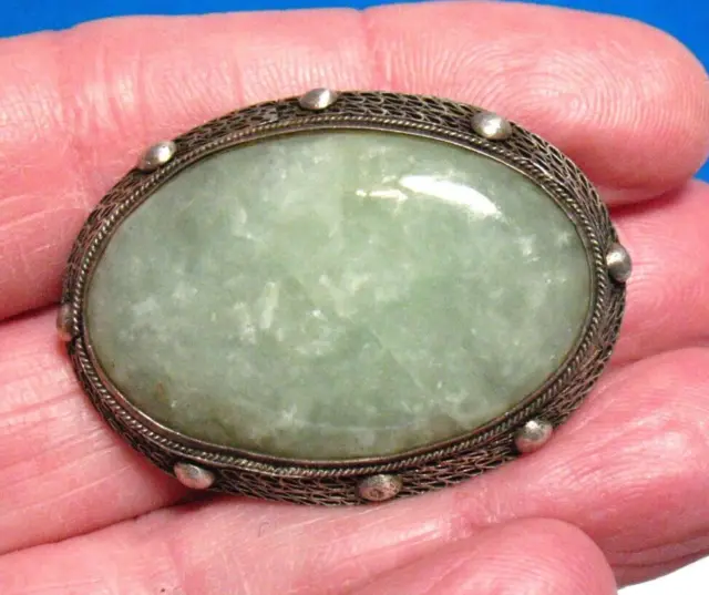 Chinese Export Antique Sterling Silver Lightgreen Jade 1 1/2 X 1"   9.7 Grams