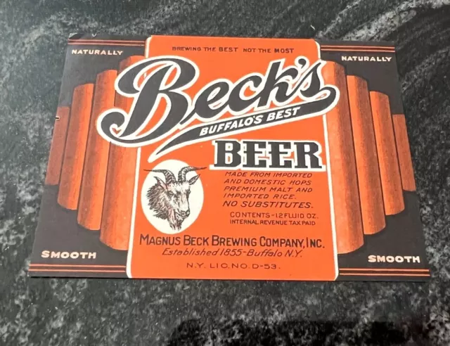 A) Irtp Beck's Beer 12 Oz Beer Bottle Label Magnus Beck Brewing Co Buffalo Ny