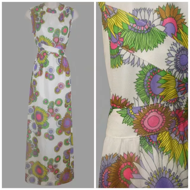 Vintage 70s Hippie Boho Flower Power Long Maxi Dress Multi Color Neon Sleeveless