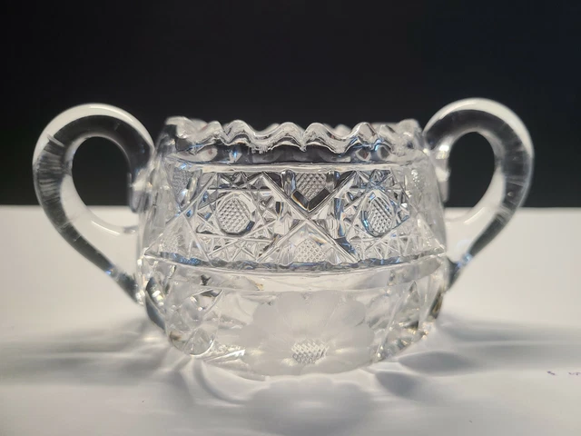 Vintage American Brilliant Cut Glass Crystal Sugar Bowl Sawtooth Rim Flowers