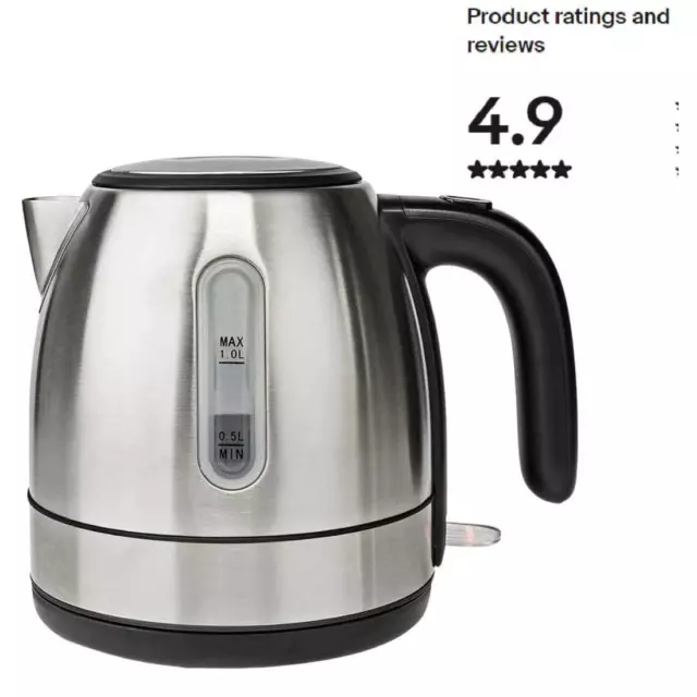 1L Electric Kettle Cordless Jug 360° Stainless Steel 2150W Boil Dry Protection