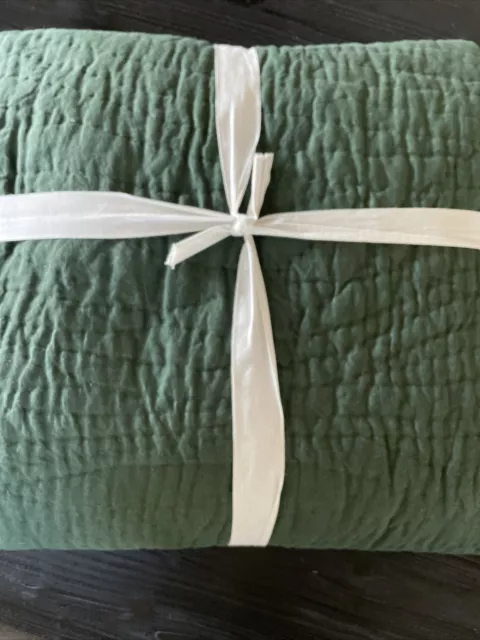POTTERY BARN BELGIAN Flax Linen Handcrafted KING Quilt Pine Green Dark ...