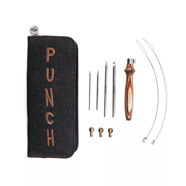 KnitPro Punch Needle Set: Adjustable: The Earthy Kit ,black denim case threaders
