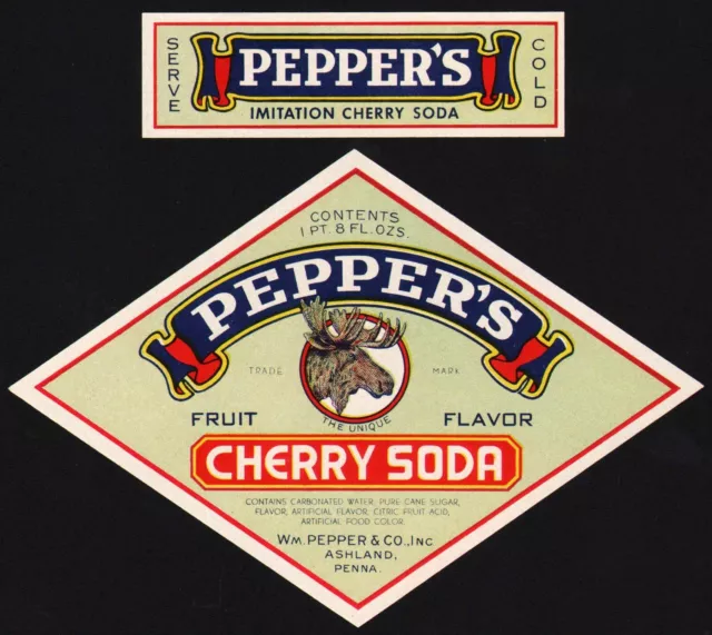 Vintage soda pop bottle label PEPPERS CHERRY moose pictured Ashland PA unused 2