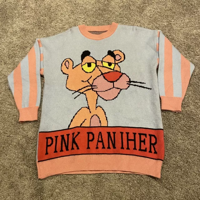 Pink Panther Teal/Pink Big Print Striped Sleeve Cartoon Sweater Fits Large