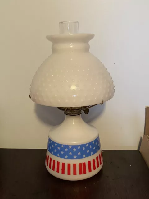 Vintage Patriotic Stars & Stripes USA Flag Hobnail Milk Glass Oil Kerosene Lamp
