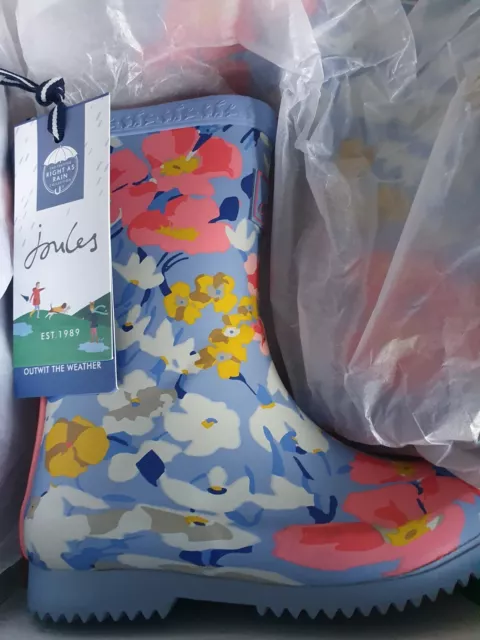 Joules 1 Floral Junior Kids Lightweight Welly Boots Blue Wellington Wellies