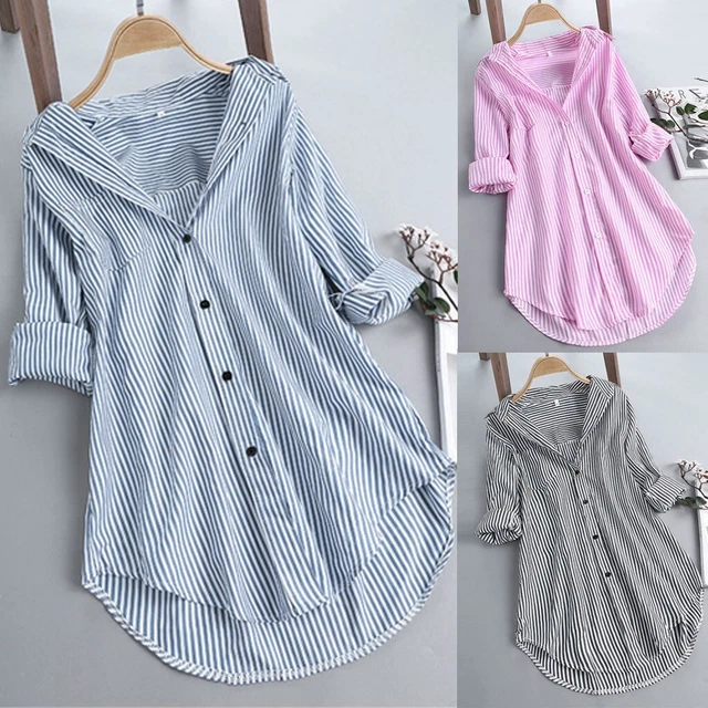 Stripe Sleeve Shirts Turn-down Loose Long Blouse Collar Women Top Button