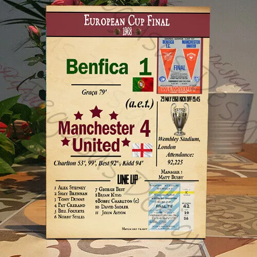 Manchester Utd vintage European Cup final 1968, Man Utd Benfica Wooden Plaque