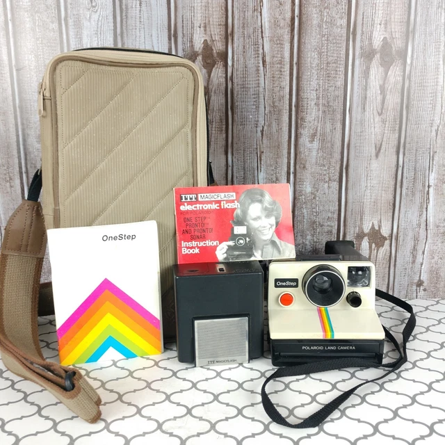 Vintage Polaroid One Step SX-70 Camera with ITT Magicflash, Bag, White W/Stripes