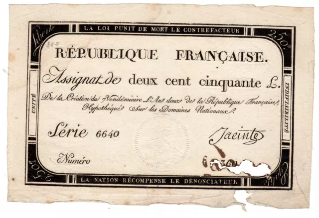 FRANCE ASSIGNAT 250 FRANCS 1793 2 de la REPUBLIQUE DOMAINES NATIONAUX REVOLUTION