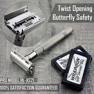 Twist Open Butterfly Safety Razor &10 Double Edge Blades Classic Shaving Vintage