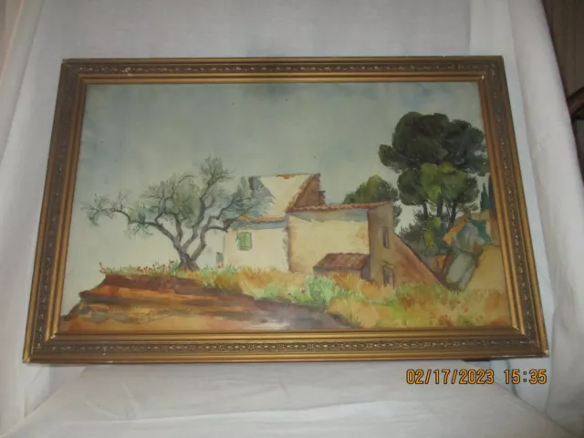 Ancien tableau aquarelle paysage provençal signée  -Encadré sous verre