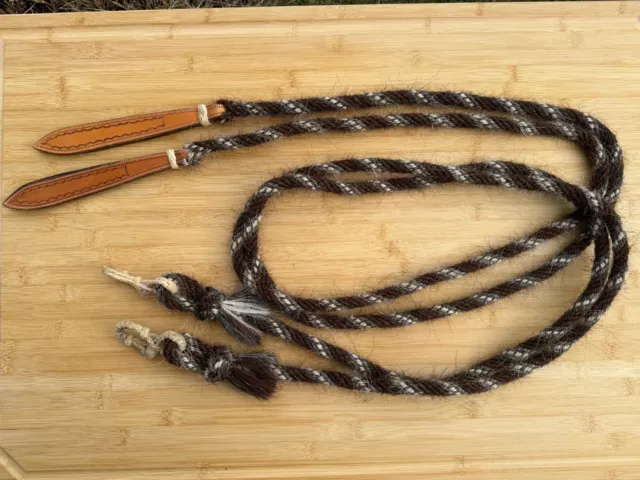 Handmade Jose Ortiz Mane Hair 8' Split Reins w Leather Poppers & Rawhide Ends