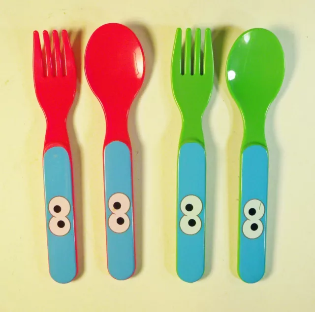 Set of 4 Sesame Street Cookie Monster Plastic Forks and Spoons - Green and Red