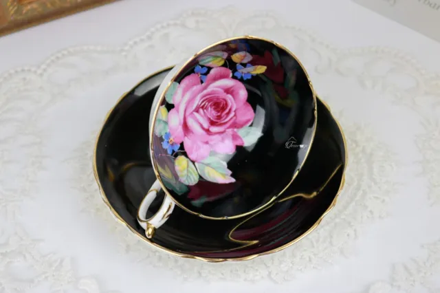Paragon Black Tea Cup and Saucer with Pink Floating Rose 3