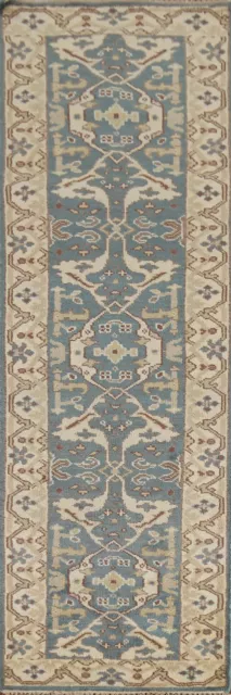 Alfombra de corredor indio Oushak hecha a mano de lana verde azulada 2' 6"" x 9' 11"" alfombra oriental pasillo