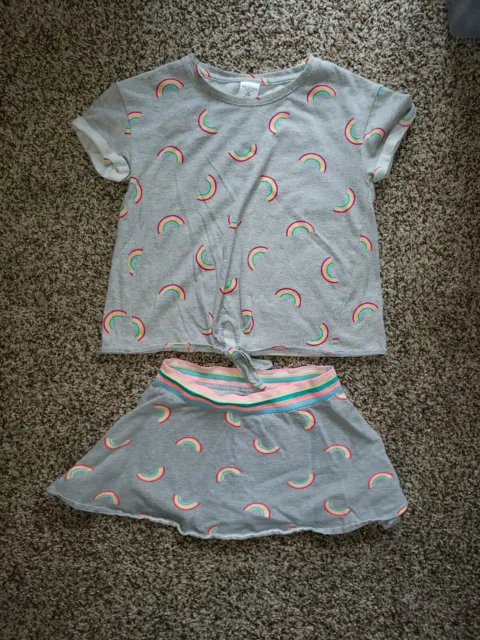 Girl's Size 6/6X 2 Piece Set Short Sleeve Shirt And Skort Grey With Rainbows...