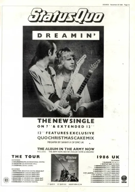29/11/86PT15 Single Advert 15X11 Status Quo. Dreamin'
