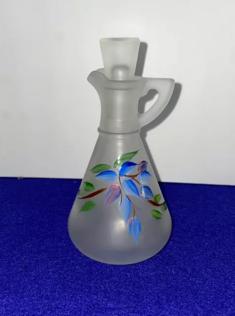 Vintage Hazel Atlas Hand Painted Oil & Vinegar Cruet Frosted Glass Stopper