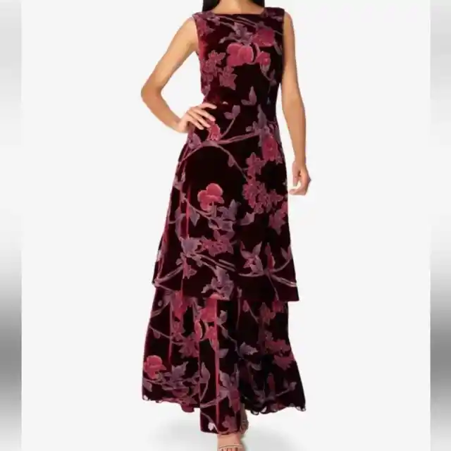 TAHARI Arthur S Levine Size 10 Womens wine Floral Velvet Long Dress A488 $299