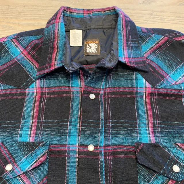 Vtg KARMAN Acrylic Pearl Snap Flannel Western Shirt Mens 16 35 Black Teal Pink