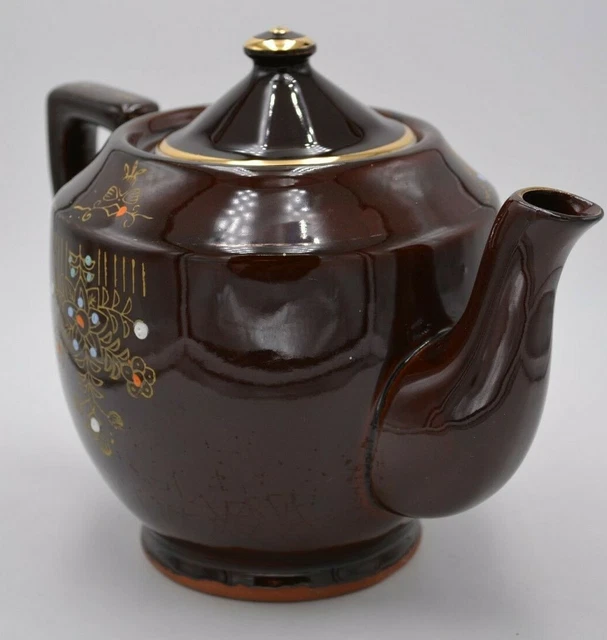 Théière vintage marron céramique peinte à la main garniture florale or fabriquée au Japon 61/2" 3