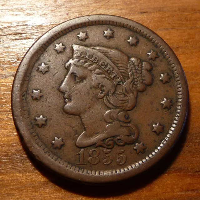 1855 Braided Hair Large Cent ~ Upright 55 Red Color