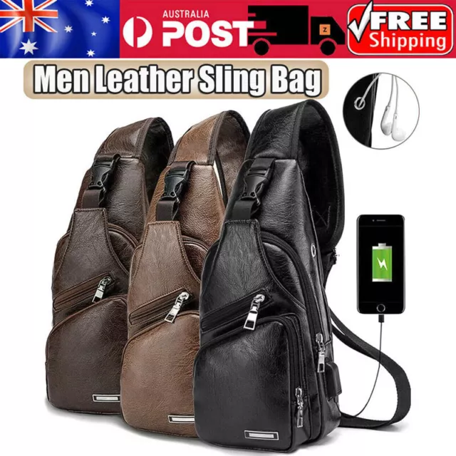 Men Leather Sling Bag Chest Shoulder Crossbody Travel Backpack USB Charging Port