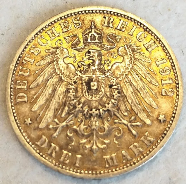 Moneda Plata Alemania Imperio 3 Marcos de 1912