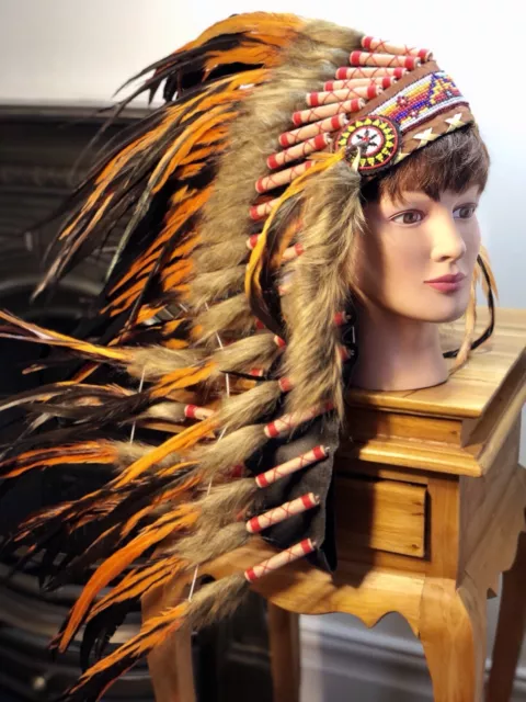 Indian Headdress Native American Feather Head Dress *Large Orange*