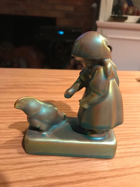 Zsolnay Eosin iridescent green porcelain dutch girl feeding rooster marked