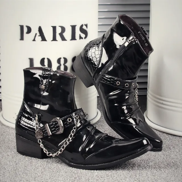 MEN'S PATENT LEATHER Ankle Bootie with Chains Punk Rock & Roll Retro ...