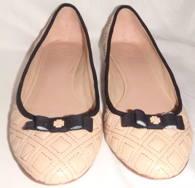 Tory Burch Marion Leather Ballet Flats Size 8.5 Tan Black Quilted Leather