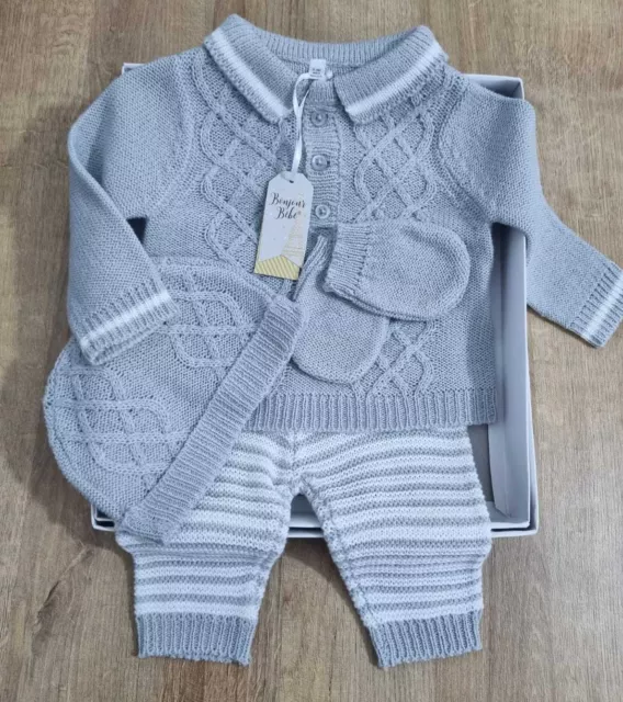 Baby Boys Knitted 4 Pcs Boxed Set Grey Knit Twist  Spanish Romany NB-6Mths