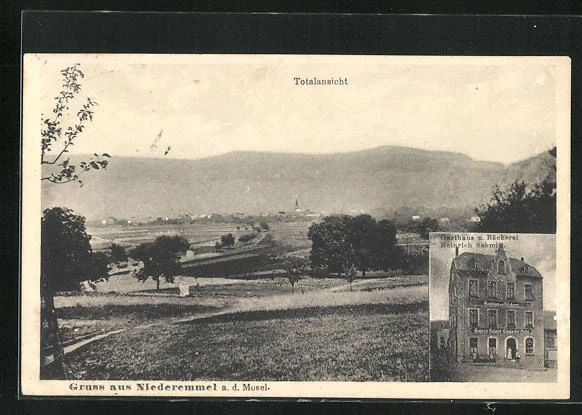 AK Niederemmel / Mosel, Gasthaus-Bäckerei Heinrich Schmitt, Totalansicht 1935