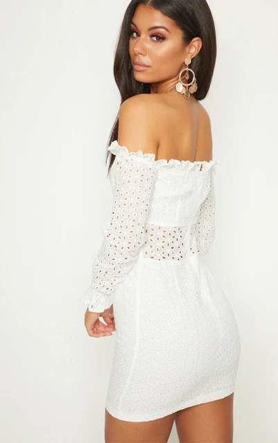 PLT Bardot Broderie Anglais White Dress Size 12