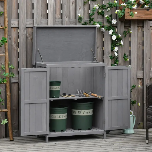 Outdoor Garden Storage Shed Tool Wooden Box w/ Hinged Roof 74x43x88cm, Grey