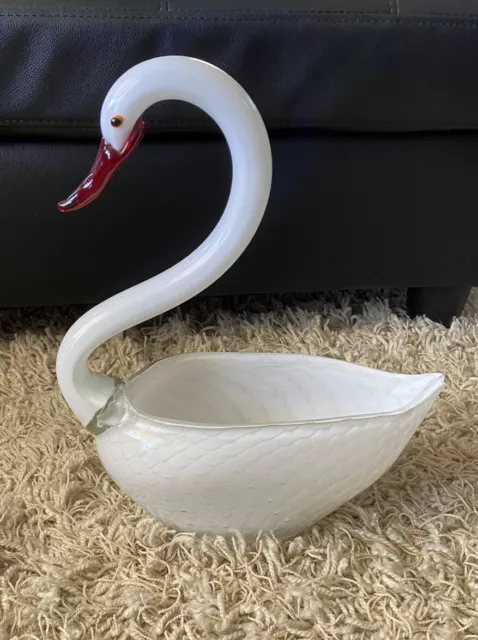 Vtg Hand Blown Art Glass 14” Swan Bird Candy Sculptured Dish Bowl Planter Vase