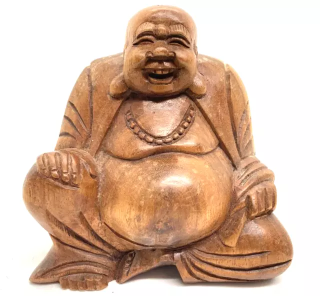 Hand carved Happy Buddha Sculpture Wood FENG-SHUI 11cms