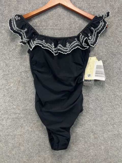 NWT Profile Gottex Lola Square Neck Ruffle One Piece Swimsuit Womens 6 Black 2