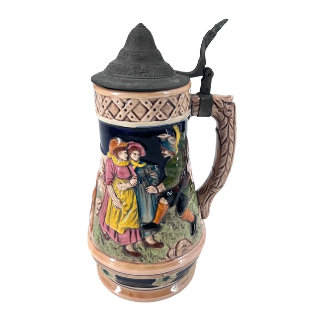 Vintage Lidded German Style Musical Music Box Beer Stein Plays "How Dry I Am"