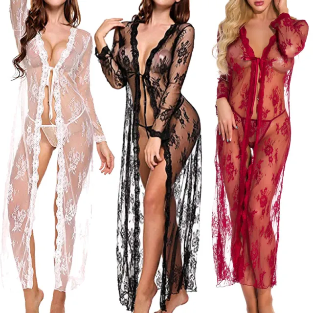 US Women Sexy Lingerie Long Lace Dress Sheer See Through Kimono Robe Nightgown