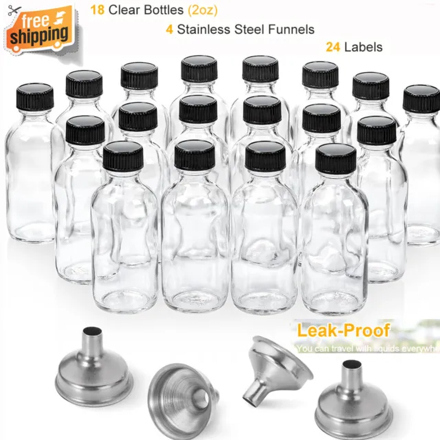 Pack de 18 Botellas de Vidrio de 2 Oz para Jugos Pociones Liquidos con Embudos